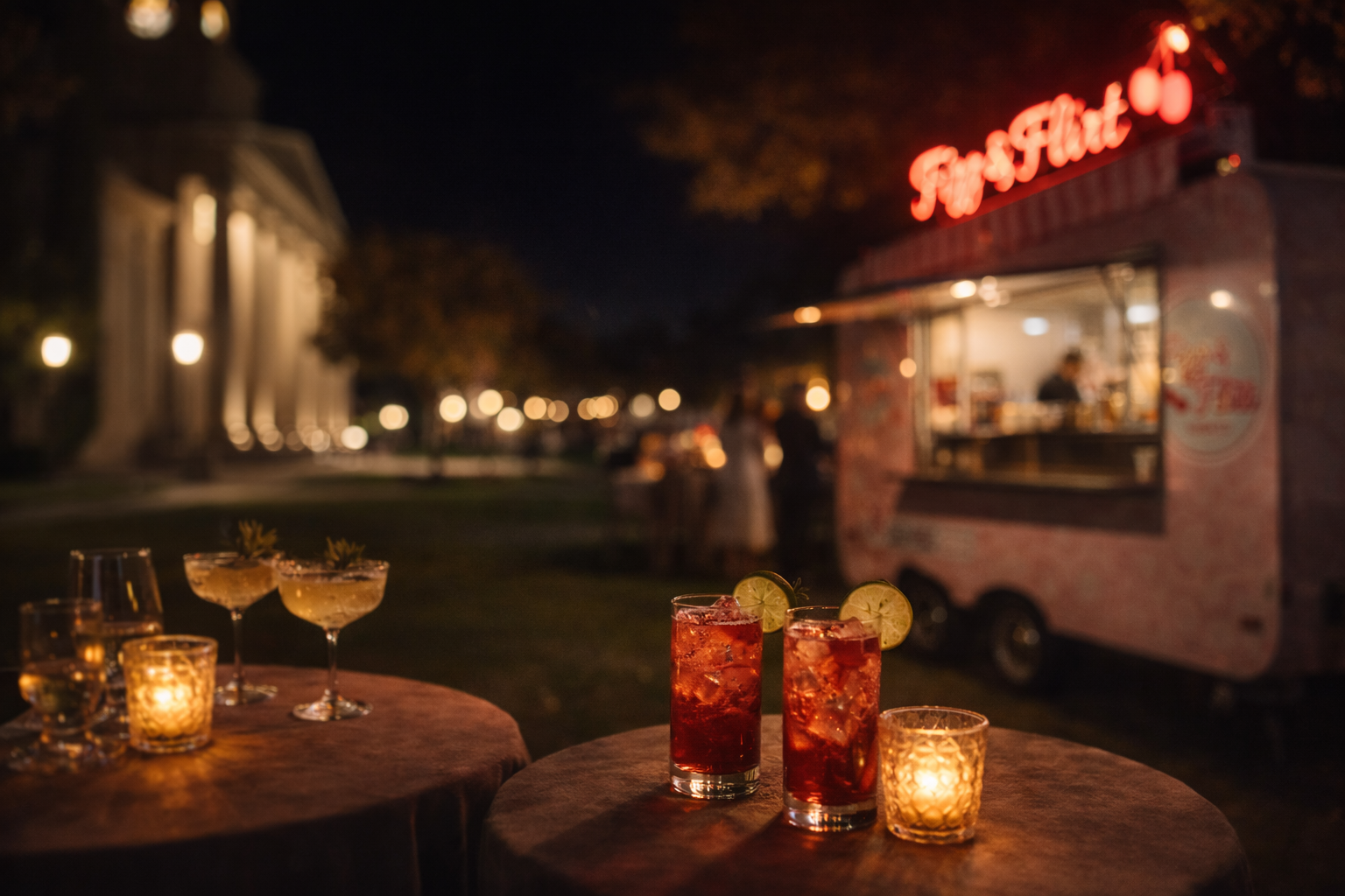 Fizz & Flirt mobile soda trailer at an evening event