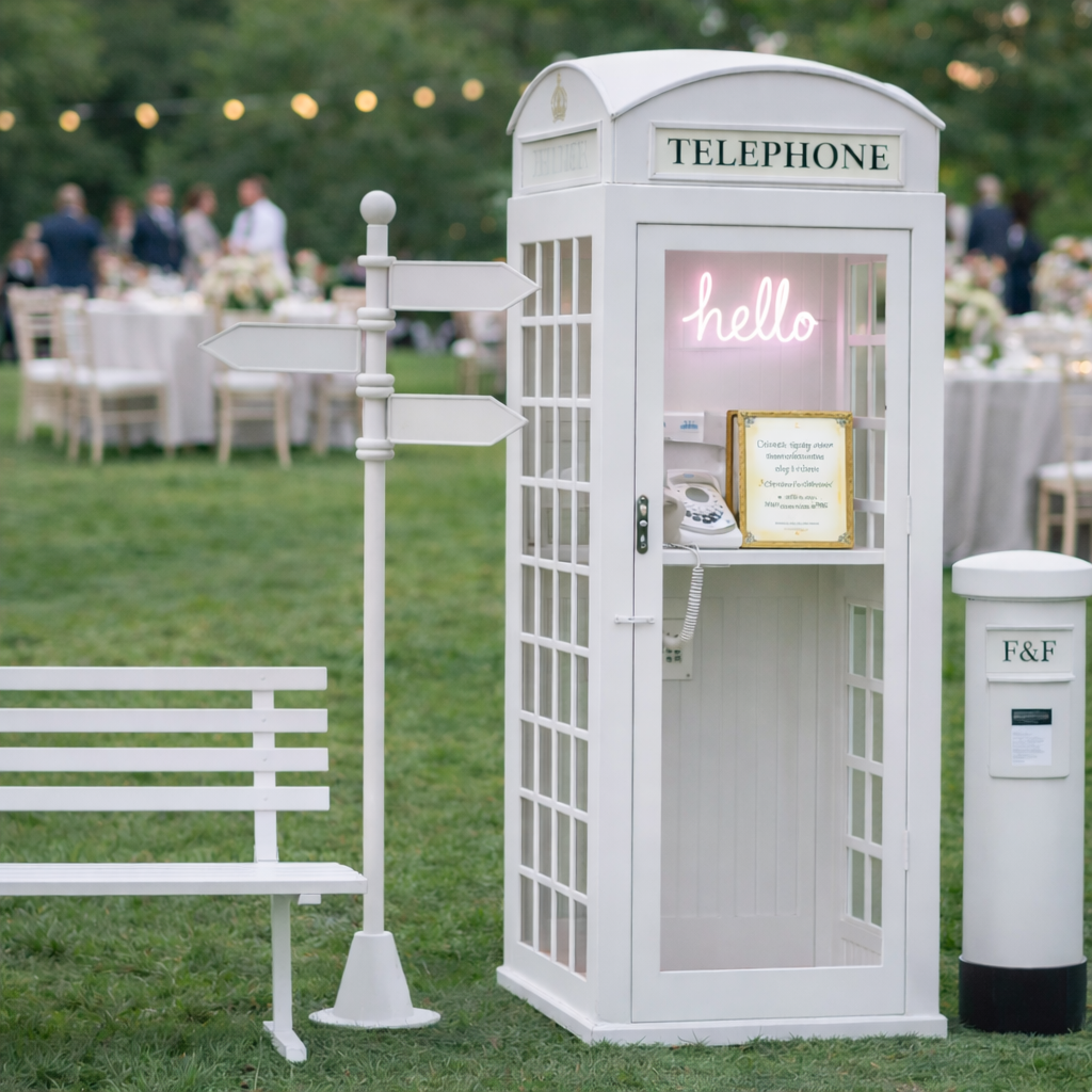 Elegant wedding photo booth installation with digital guestbook