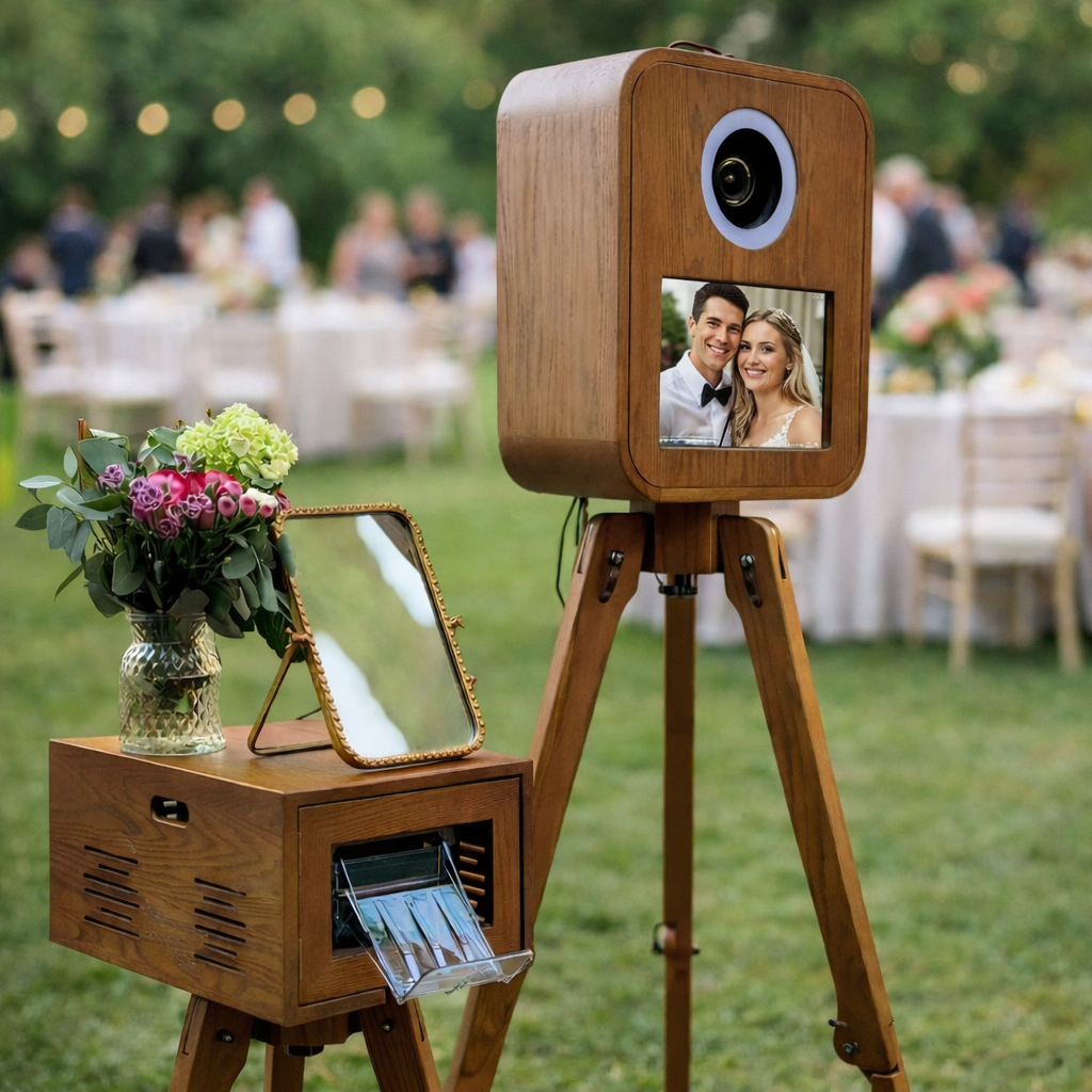 Selfie pod photo booth at outdoor wedding reception in Riverside California