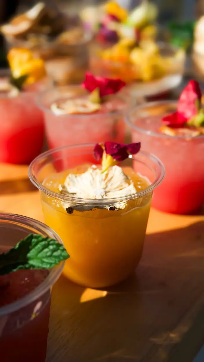 Custom elevated mocktails with edible flowers and dried citrus garnishes at a wedding event in Orange County